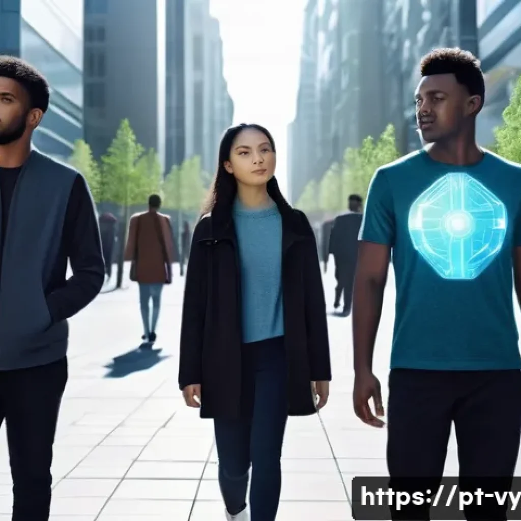 포스트휴머니즘 이론의 발전 과정 - A futuristic urban scene depicting a diverse group of people with visible wearable technology and ne...
