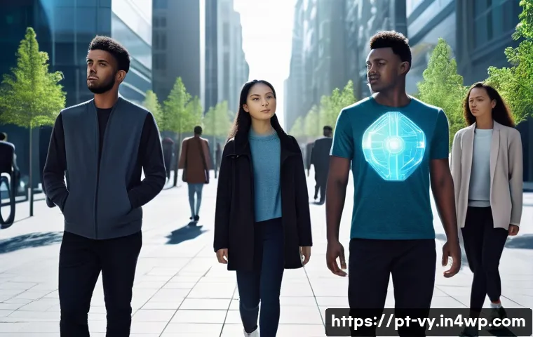 포스트휴머니즘 이론의 발전 과정 - A futuristic urban scene depicting a diverse group of people with visible wearable technology and ne...