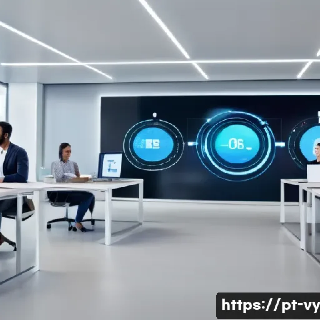 포스트휴머니즘과 미래의 노동 - A modern office scene showcasing human-machine collaboration: a diverse group of professionals in bu...
