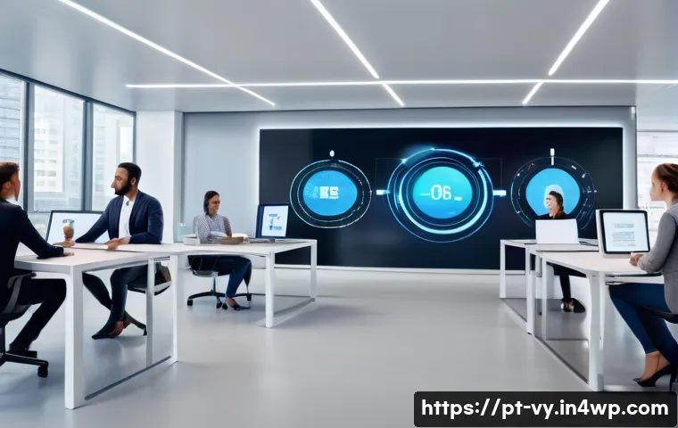 포스트휴머니즘과 미래의 노동 - A modern office scene showcasing human-machine collaboration: a diverse group of professionals in bu...