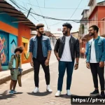 Home 21 포스트휴머니즘과 기술 발전의 윤리 - A futuristic scene depicting a diverse group of people in an urban Brazilian setting, each wearing a...