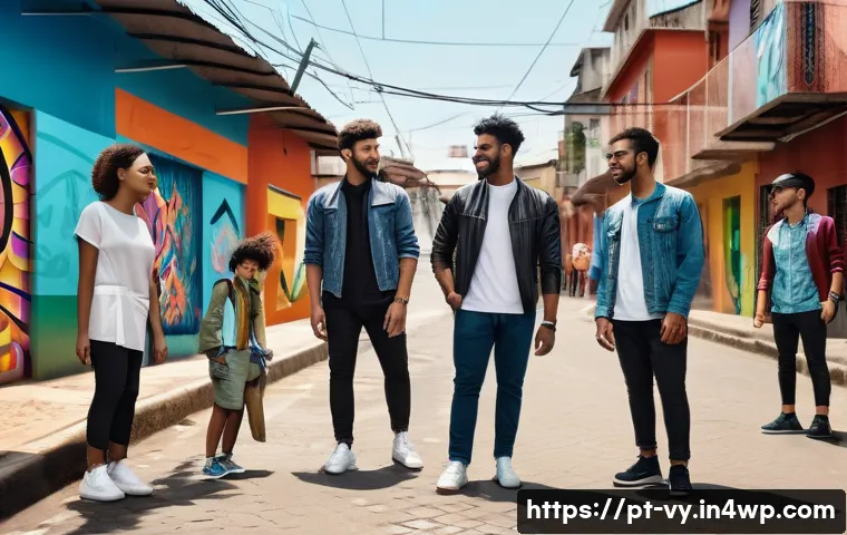 포스트휴머니즘과 기술 발전의 윤리 - A futuristic scene depicting a diverse group of people in an urban Brazilian setting, each wearing a...