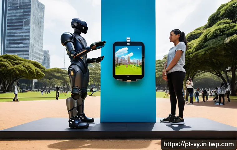 포스트휴머니즘과 테크노사이언스 - A futuristic urban scene depicting a diverse group of people with advanced smart prosthetic limbs in...