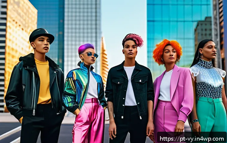 포스트휴머니즘과 성별의 재구성 - A futuristic digital art scene depicting a diverse group of gender non-binary and genderqueer indivi...