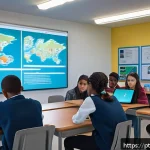 Home 23 포스트휴머니즘에 대한 교육적 접근 - A futuristic classroom scene in a diverse Brazilian school setting, featuring students aged around 1...