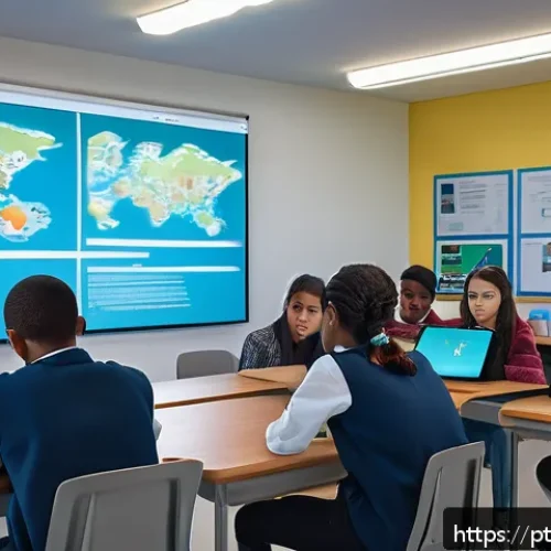 Home 17 포스트휴머니즘에 대한 교육적 접근 - A futuristic classroom scene in a diverse Brazilian school setting, featuring students aged around 1...