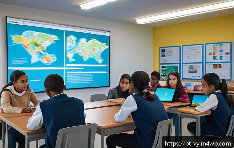 포스트휴머니즘에 대한 교육적 접근 - A futuristic classroom scene in a diverse Brazilian school setting, featuring students aged around 1...