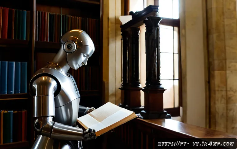 Home 17 포스트휴머니즘 철학의 역사적 배경 - Photorealistic historical philosophy scene in a grand old university library in Lisbon, Portugal, an...