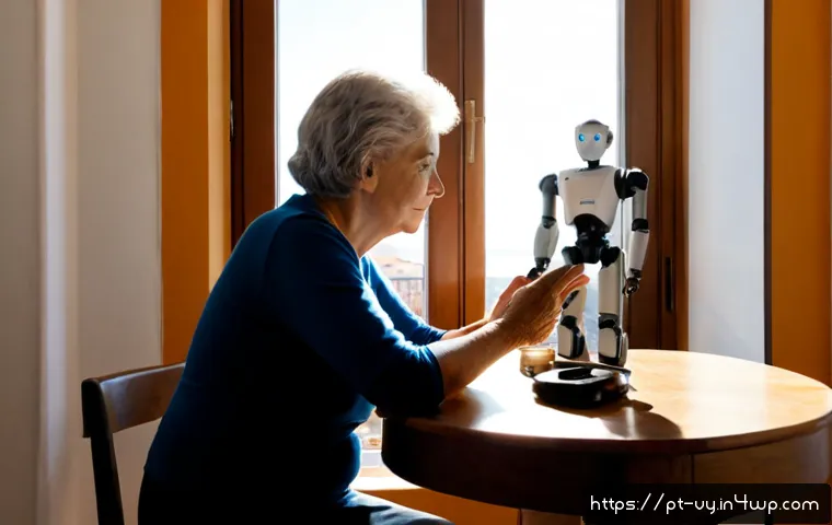 Home 17 포스트휴머니즘과 인간의 존재 의미 - Photorealistic contemplative scene in a sunlit Lisbon apartment, an older Portuguese woman seated be...